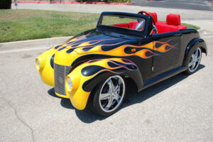 Black 39 Roadster with Yellow Flames affordable golf cart rental, golf cart rental fort myers, golf cart gallery