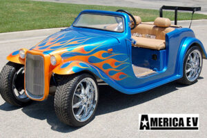 Blue California Roadster with Orange Flames affordable golf cart rental, golf cart rental fort myers, golf cart gallery