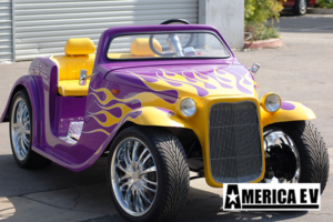Purple California Roadster with Yellow Flames affordable golf cart rental, golf cart rental fort myers, golf cart gallery