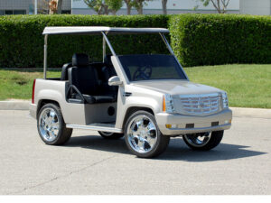 Silver Escalade Golf Cart With Roof and Custom Wheels affordable golf cart rental, golf cart rental fort myers, golf cart gallery
